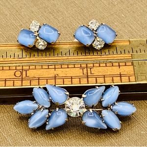 Pale blue vintage brooch & clip on earrings set